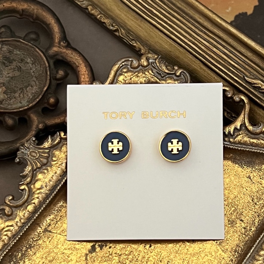 TORY BURCH • Navy Kira Logo Earrings - Picture 3 of 3